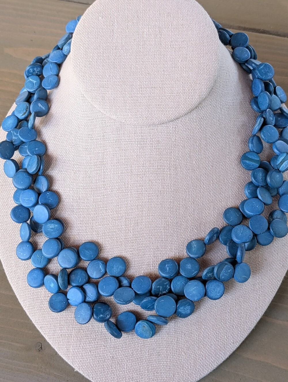 💙 Vintage Blue Wooden Bead Necklace – 3-Strand Statement Piece